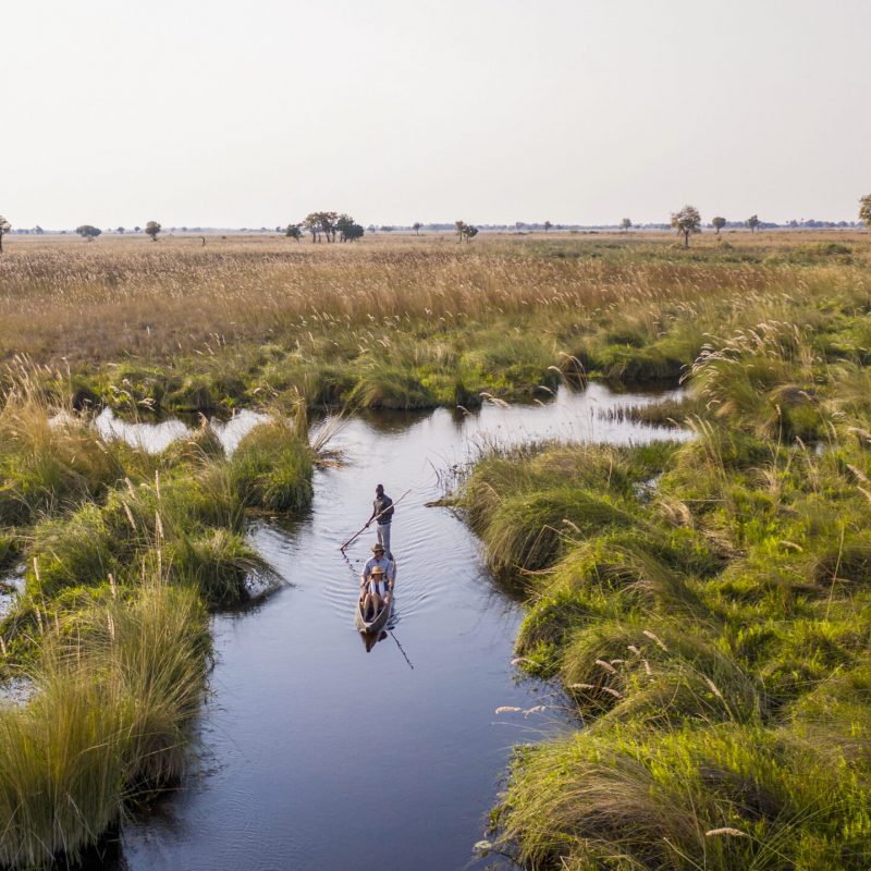 People on a canoe on safari, Moremi National Park, Okavango Delta, Botswana